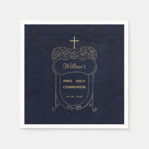 Serviette En Papier Boy First Communion Marine Blue Croix Vintage Scri