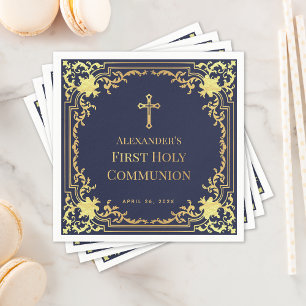Serviette En Papier Boy First Communion Marine Blue Faux Gold Cross