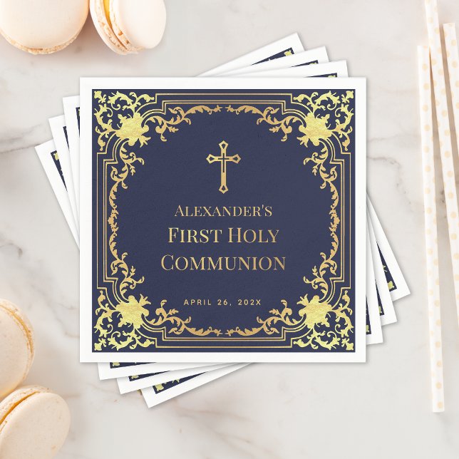 Serviette En Papier Boy First Communion Marine Blue Faux Gold Cross (Créateur téléchargé)