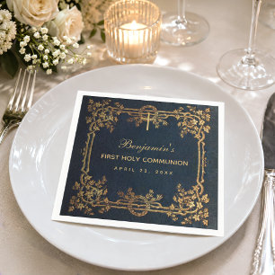 Serviette En Papier Boy First Communion Navy Blue Vintage Gold Vines