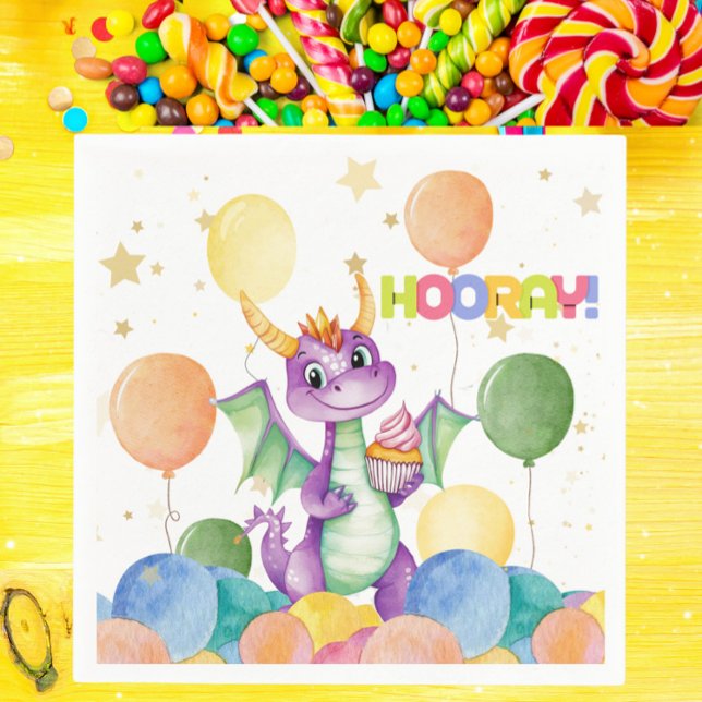 Serviette En Papier Boys mignon Anniversaire de enfant Dragon moderne  (Cute Dragon Birthday Party Napkin Watercolor Cupcake & Balloons - Hooray Theme - Kids Birthday)