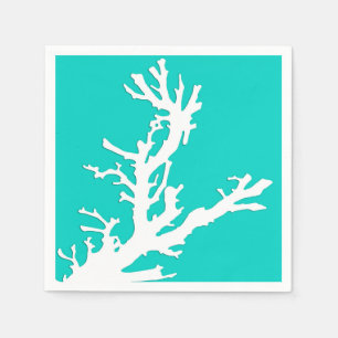 Serviette En Papier Branche de corail - blanc sur turquoise