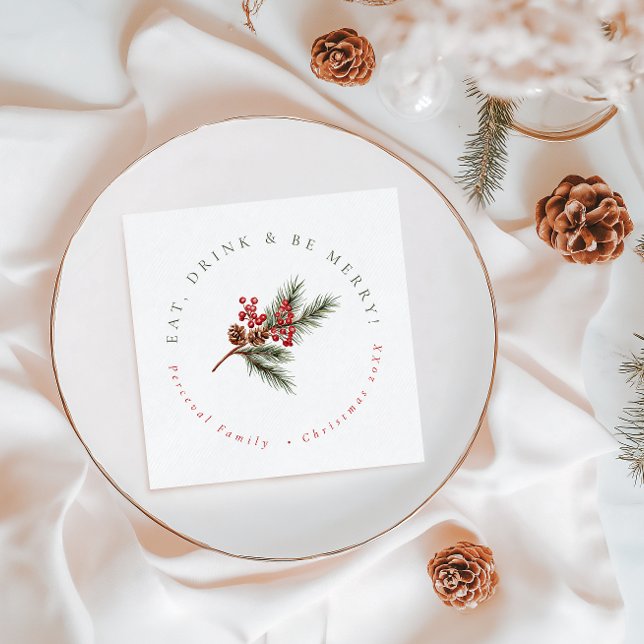 Serviette En Papier Branche de pin moderne et baies Noël de famille (Créateur téléchargé)