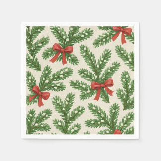 Serviette En Papier Branche Festive sapin et ruban rouge