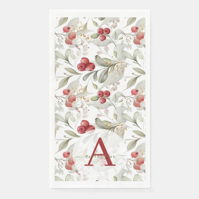 Serviette En Papier Branches de canneberges de Berry Rouge Monogramme  (Devant)