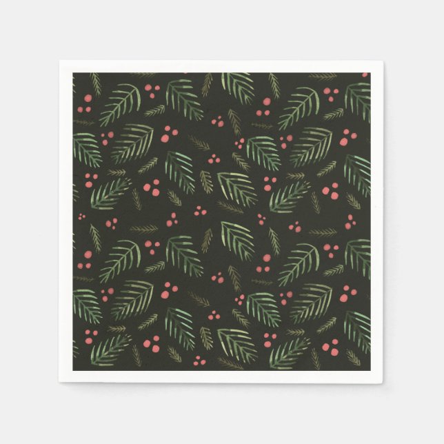 Serviette En Papier branches de sapin de Noël et baies - vert foncé (Devant)
