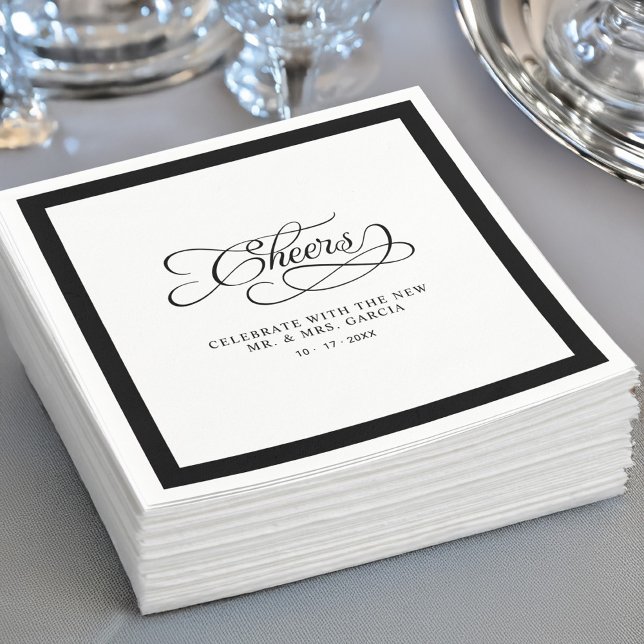 Serviette En Papier Bravo M. et Mme Mariage Calligraphie Bordure Noir (Cheers Mr & Mrs Wedding Calligraphy Border Black Napkins)