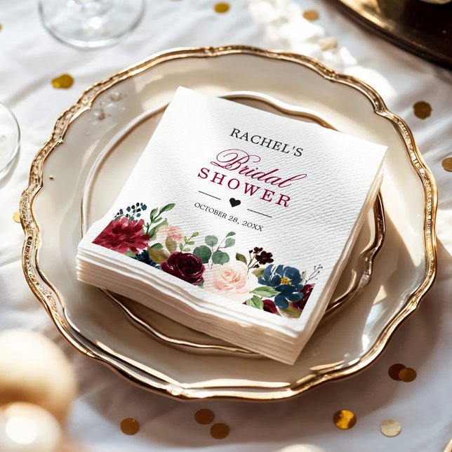 Serviette En Papier Brousse Bourgogne Bleu Floral Chic Fête des mariée (Créateur téléchargé)