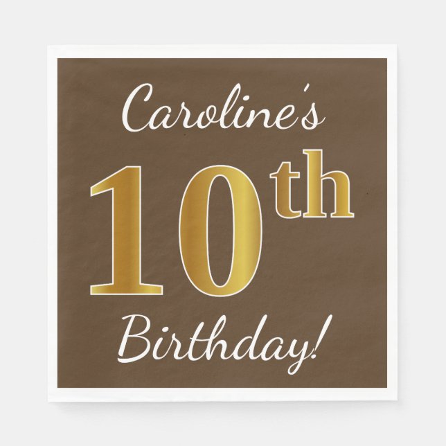 Serviette En Papier Brown, Faux Gold 10e anniversaire + Nom personnali (Devant)