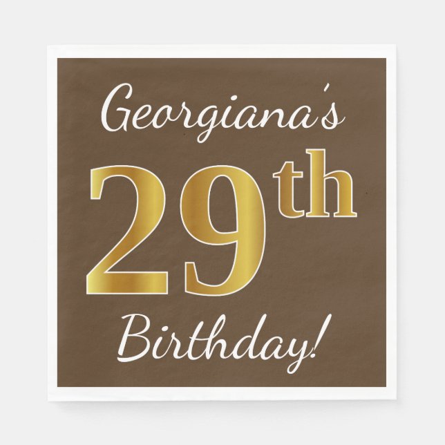 Serviette En Papier Brown, Faux Gold 29e anniversaire + Nom personnali (Devant)