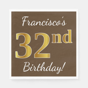 Serviette En Papier Brown, Faux Gold 32e anniversaire + Nom personnali