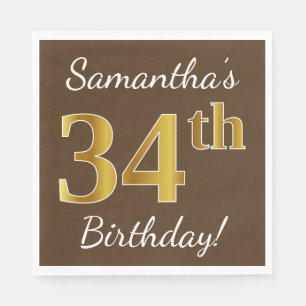 Serviette En Papier Brown, Faux Gold 34e anniversaire + Nom personnali
