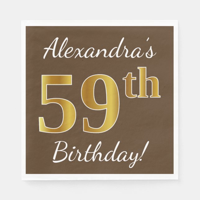 Serviette En Papier Brown, Faux Gold 59e anniversaire + Nom personnali (Devant)