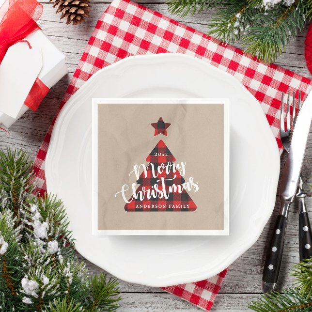 Serviette En Papier Buffalo Plaid Christmas Tree Kraft Monogramme (Créateur téléchargé)