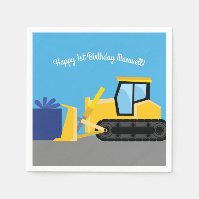 Serviette En Papier Bulldozer Cute 1er Anniversaire Fête Construction (Devant)