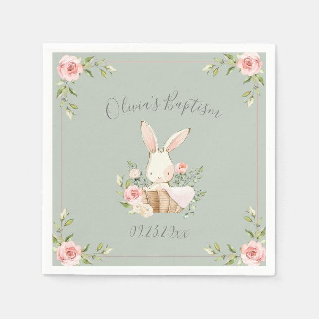 Serviette En Papier Bunny Rabbit Aquarelle Sage Baby shower vert (Devant)