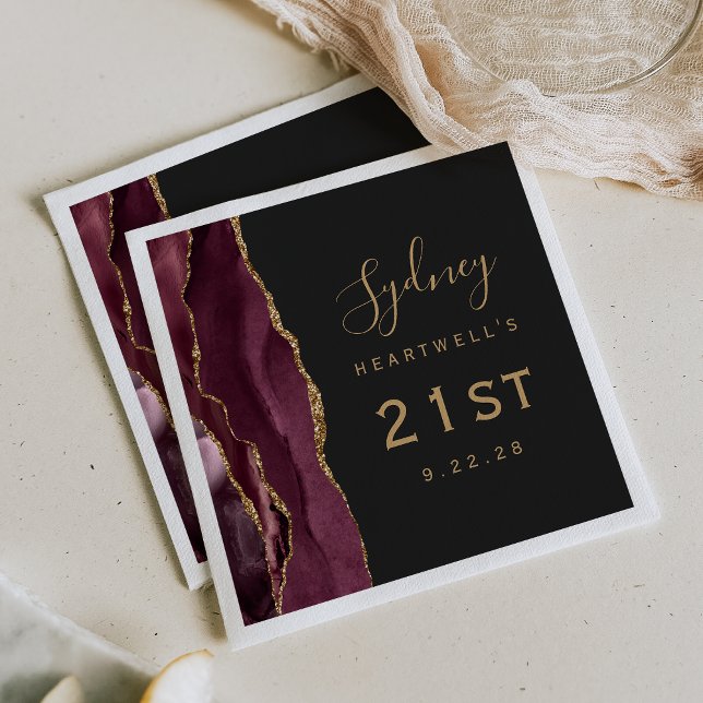 Serviette En Papier Burgundy Agate Gold Script Dark 21e anniversaire (Créateur téléchargé)