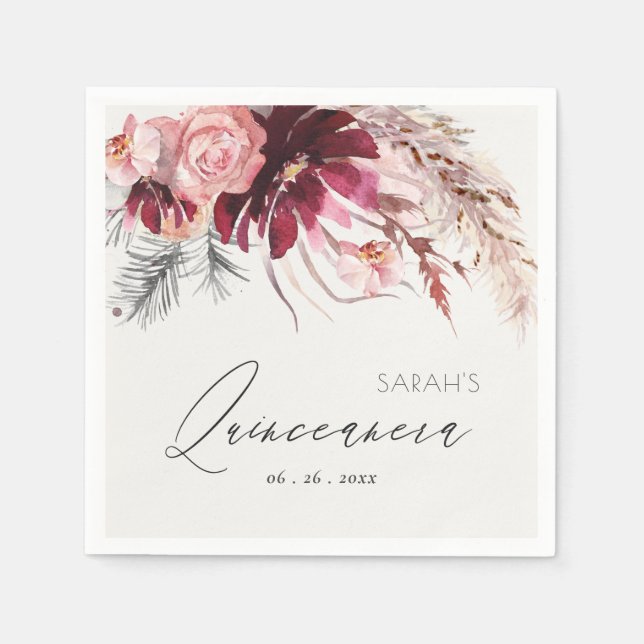 Serviette En Papier Burgundy Blush Floral Pampas Grass Quinceanera (Devant)