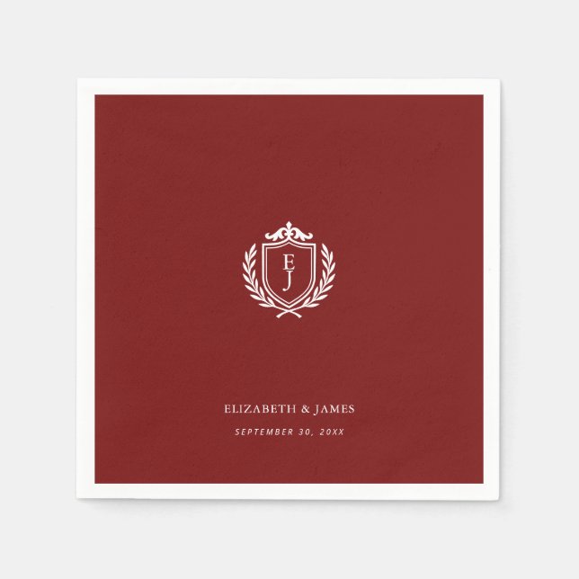 Serviette En Papier Burgundy Crest Wedding Welcome, Custom Initials (Devant)