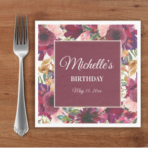 Serviette En Papier Burgundy Fleurs Aquarelle Anniversaire Nom