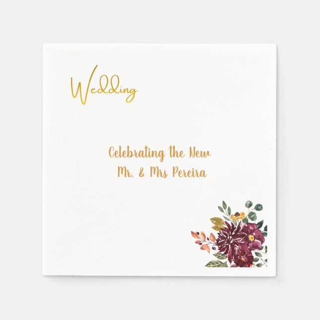 Serviette En Papier Burgundy Floral & Gold Script Wedding (Devant)
