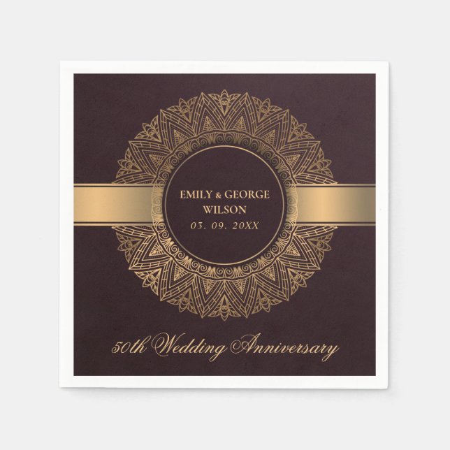 SERVIETTE EN PAPIER BURGUNDY GOLD MANDALA TOUTE ANNÉE 50E ANNIVERSAIRE (Devant)