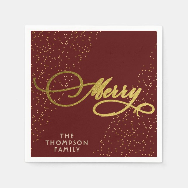 Serviette En Papier Burgundy Gold Script Merry Bright Famille Noël (Devant)