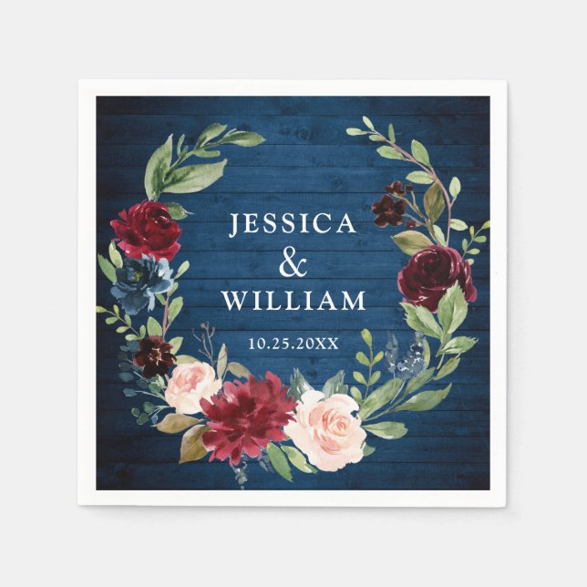 Serviette En Papier Burgundy Navy Blue Blush Floral Rustic Mariage (Devant)