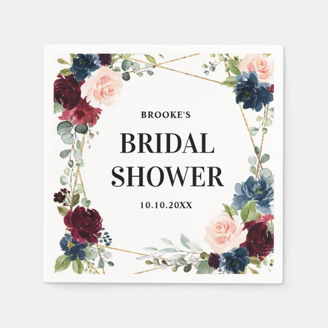 Serviette En Papier Burgundy Navy Blush Floral Fête des mariées géomét (Devant)