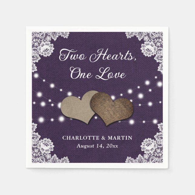 Serviette En Papier Burlap Hearts Lace Rustique violet Mariage (Devant)