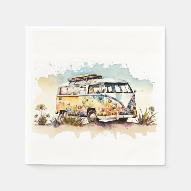 Serviette En Papier Bus Hippie Rétro Aquarelle Avec Fleurs (Devant)