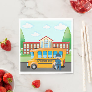 Serviette En Papier Bus scolaire jaune avec conducteur et bâtiment sco