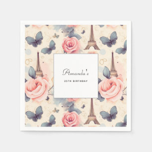 Serviette En Papier Butterfly Tour Eiffel et Motif Rose Anniversaire