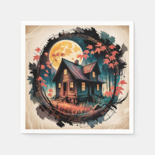 Serviette En Papier Cabane au clair de lune, forêt japonaise, Art (3)