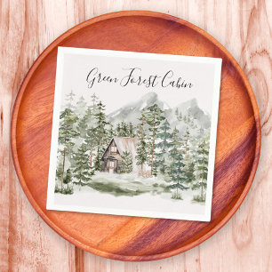 Serviette En Papier Cabine d'aquarelle dans la forêt de pins verts