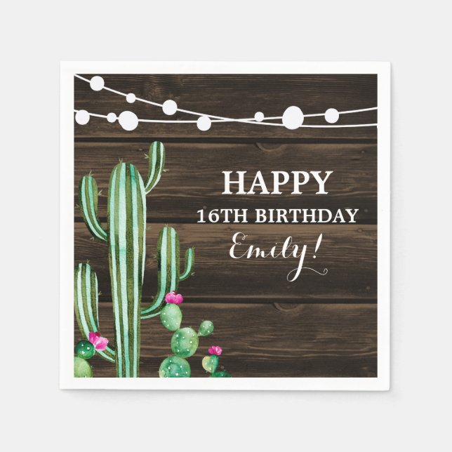 Serviette En Papier Cactus Aquarelle Rustique Bois de Grange Anniversa (Devant)