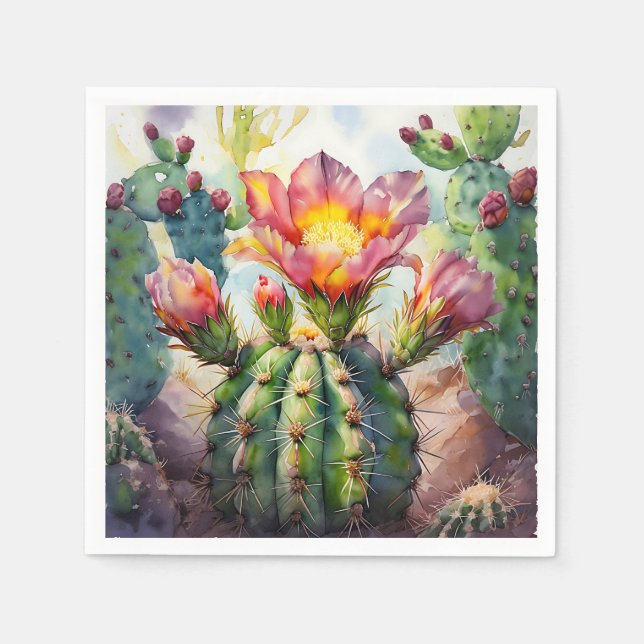 Serviette En Papier Cactus d'aquarelle avec Fleurs du désert vibrantes (Devant)