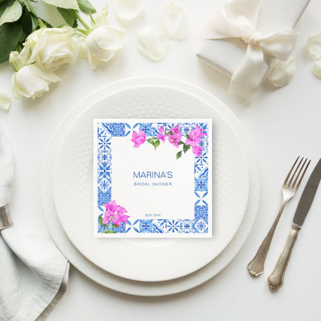 Serviette En Papier Cadeaux de douche de mariée Carreaux bleus Bougain (Bridal shower table decor Blue Tiles Bougainvillea printed Napkins personalized tableware)