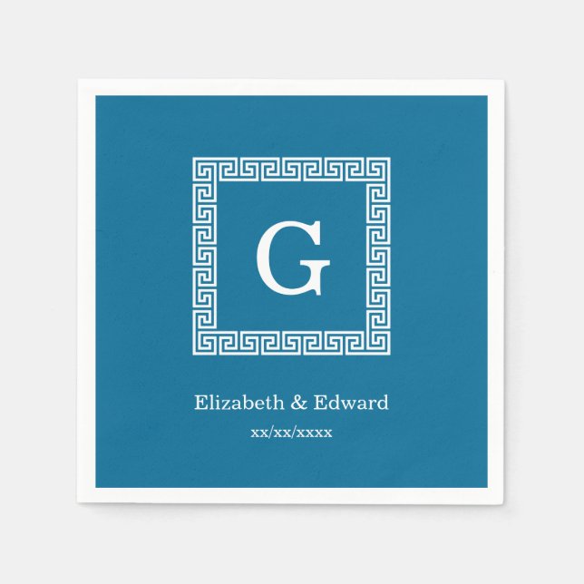 Serviette En Papier Cadre de clé grecque bleue Peacock #1 Monogramme i (Devant)