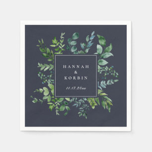 Serviette En Papier Cadre de feuillage forestier bleu marine