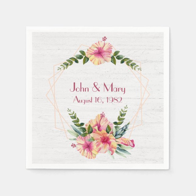 Serviette En Papier Cadre Hibiscus mariage Sur Bois Blanchi (Devant)