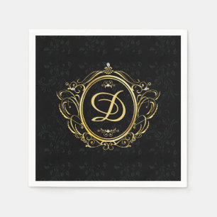 Serviette En Papier Cadre Or de luxe Monogramme noir Damas retour