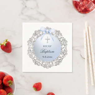 Serviette En Papier Cadre Pailleté Argent Ruban Bleu Baptême