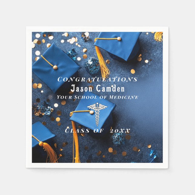 Serviette En Papier Caducée Élégant Or Blanc Bleu Marine Remise des di (Devant)