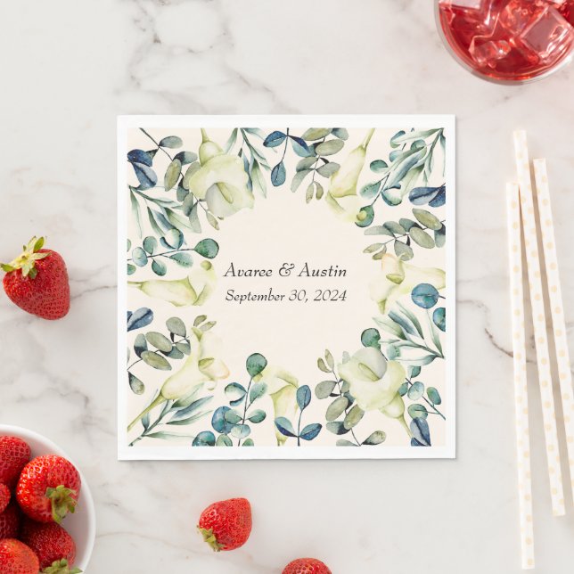 Serviette En Papier Calla Lily et Eucalyptus blancs (En situation)