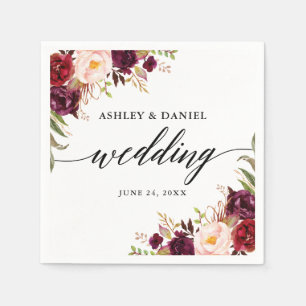 Serviette En Papier Calligraphie Aquarelle Bourgogne Floral Mariage