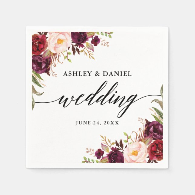 Serviette En Papier Calligraphie Aquarelle Bourgogne Floral Mariage (Devant)