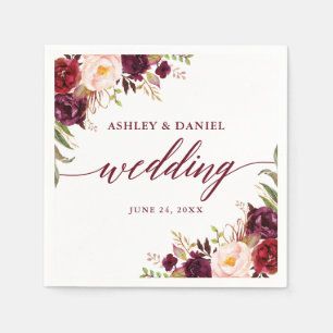 Serviette En Papier Calligraphie Aquarelle Bourgogne Floral Mariage