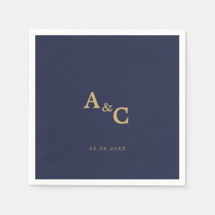Serviette En Papier Calligraphie d'or romantique Marine Mariage bleu