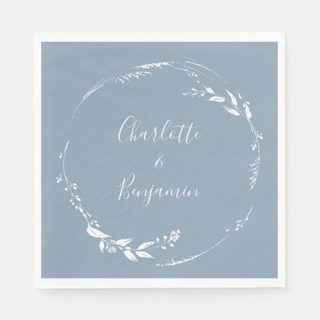Serviette En Papier Calligraphie florale bleu poussiéreux Monogramme (Devant)